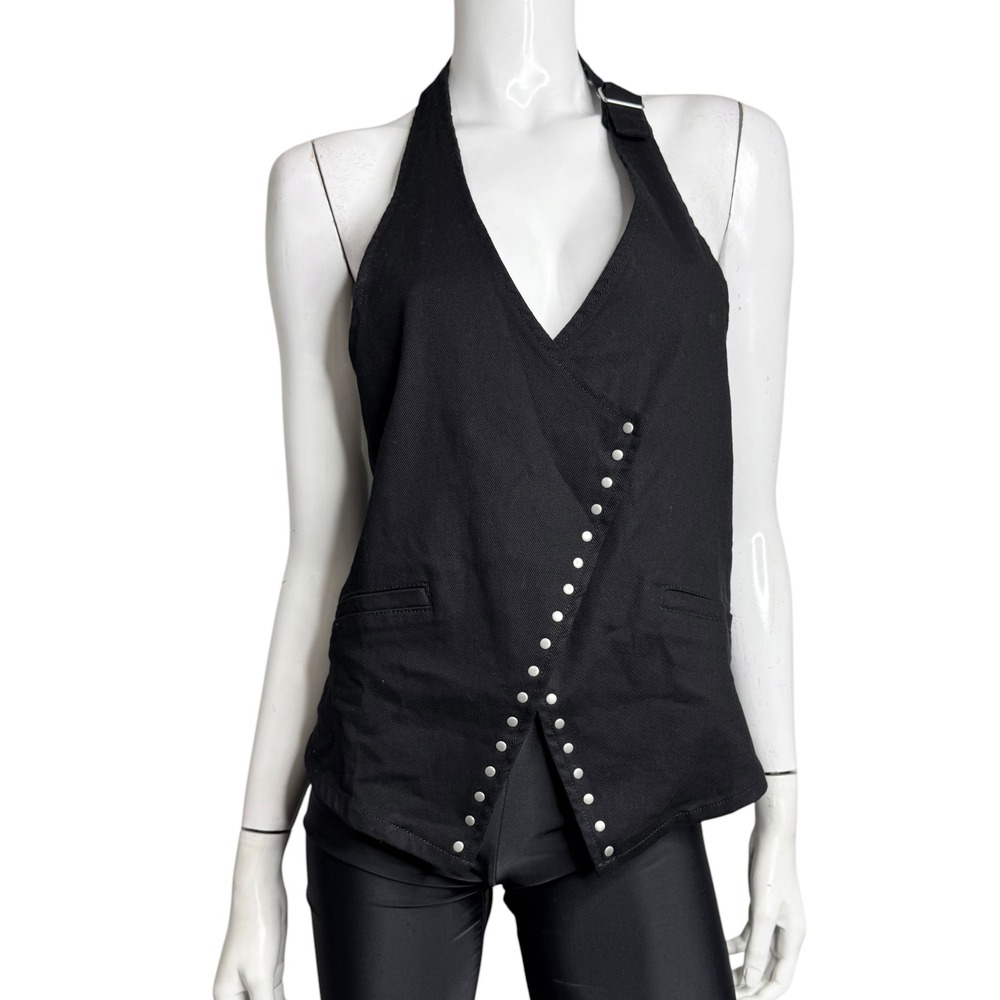 Active USA Black Halter Vest Asymmetrical Studded Wrap Top Women Medum